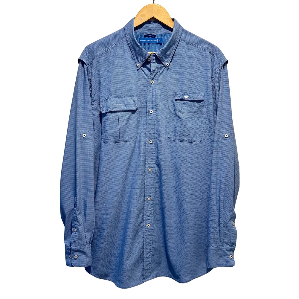 Southern Tide Vented Fishing Shirt Men XL Blue Plaid Roll Tab Sleeve Performance